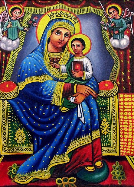 Ethiopian Orthodox icon of the Incarnation — the Virgin Mary (Kidane Mihret) holding the Christ Child, flanked by two angels